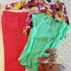 BR ankle pants, blouse, and sweater.